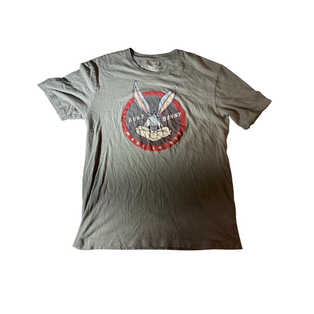 Zara Looney Tunes Bugs Bunny Graphic T-Shirt Olive Green Bunnies With Attitude L
